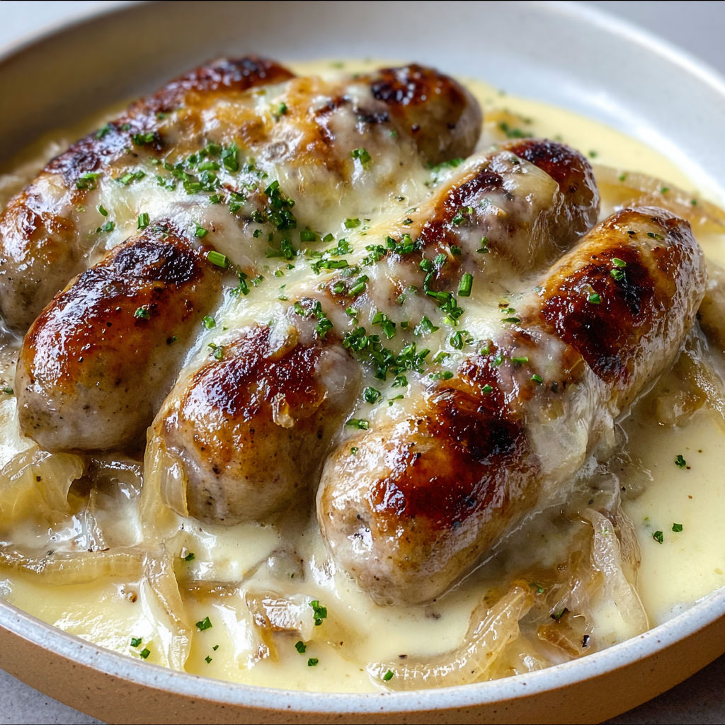 Saucisses fondantes et fromage filant aux oignons confits