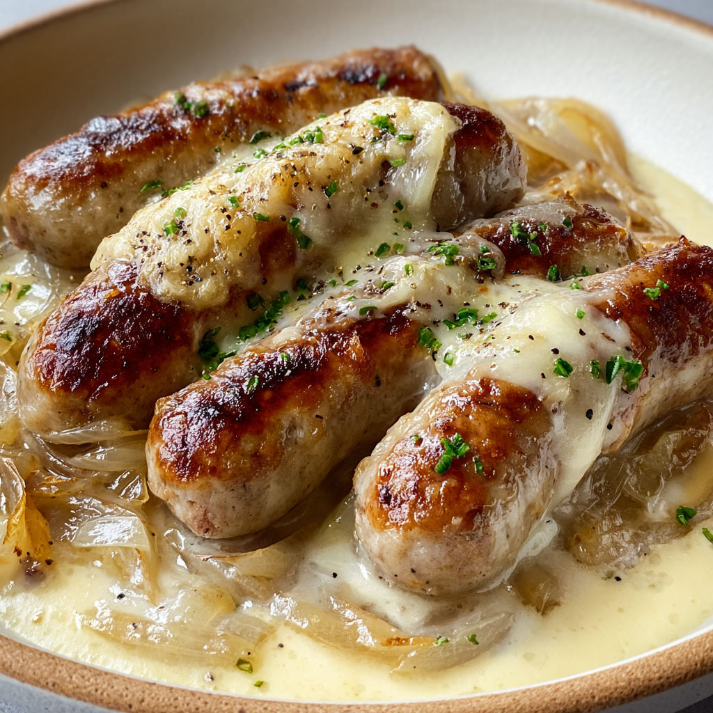 Chipolatas gratinées crème et fromage et oignons dorés