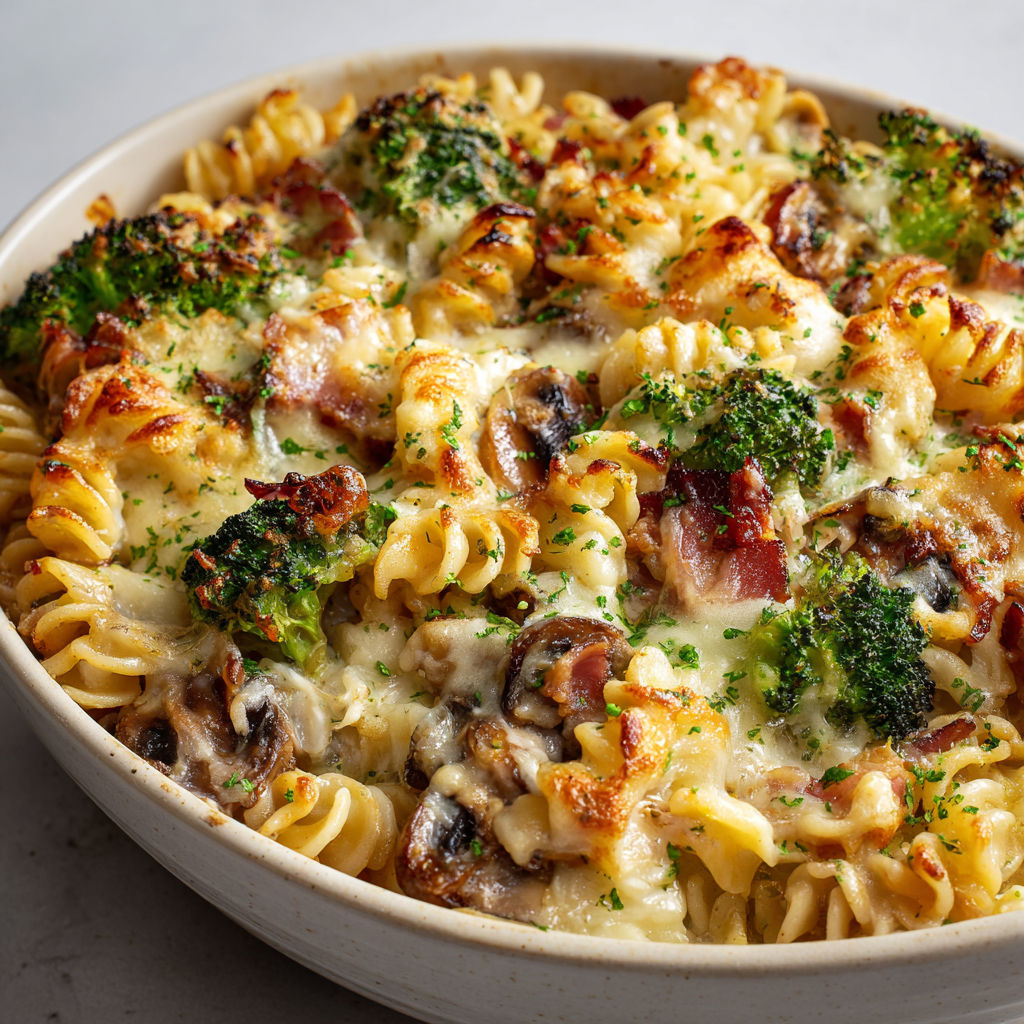 Gratin de pâtes avec champignons, reblochon, lardons, sur une table claire.