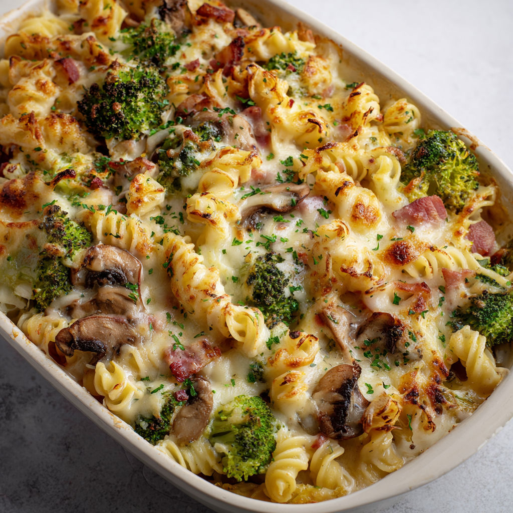 Gratin fondant pâtes reblochon champignons lardons.