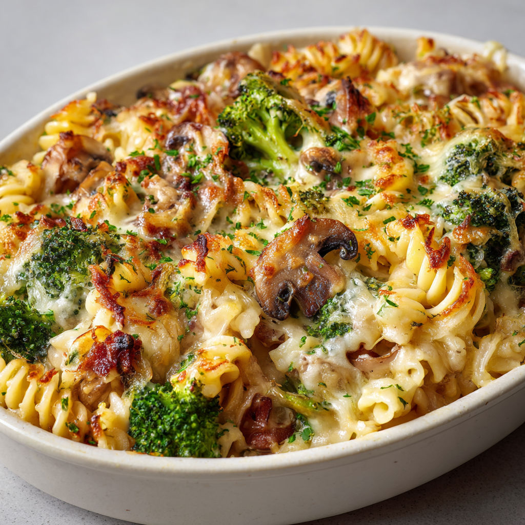 Pâtes gratinées reblochon lardons champignons herbes fraîches.