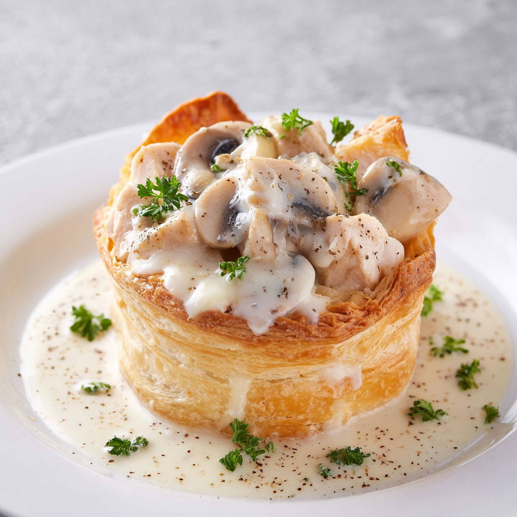 Pâte croustillante dorée, remplie de champignons et volaille, servie avec une sauce crémeuse.