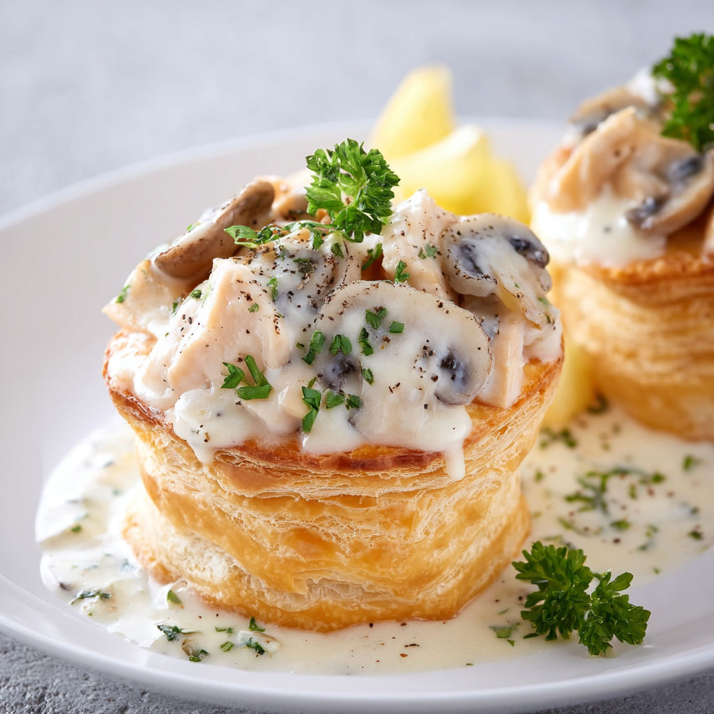 Petites bouchées feuilletées cœur poulet et champignons crémeux.