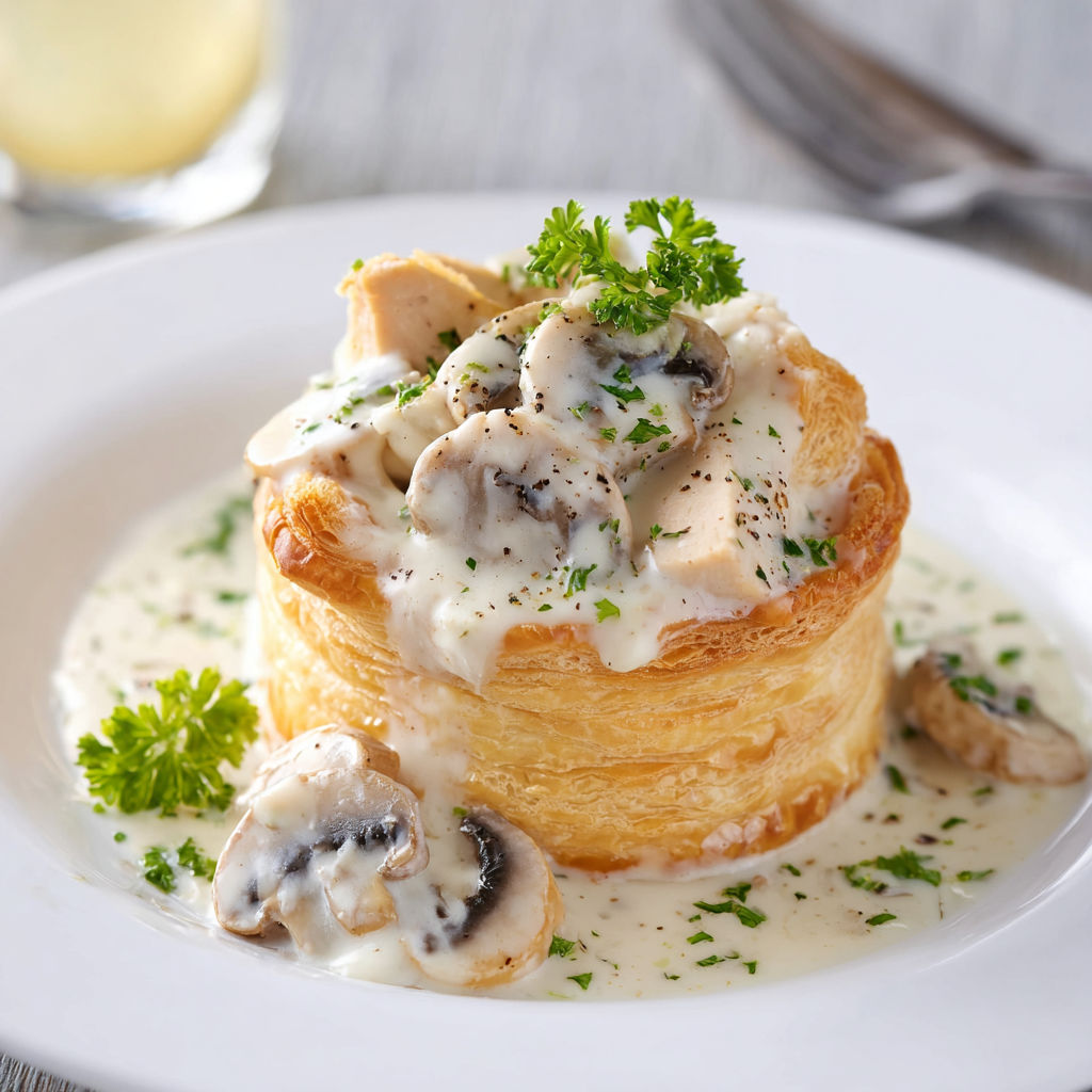 Gros vol-au-vent bien garnis poulet, champignons, sauce crémeuse.