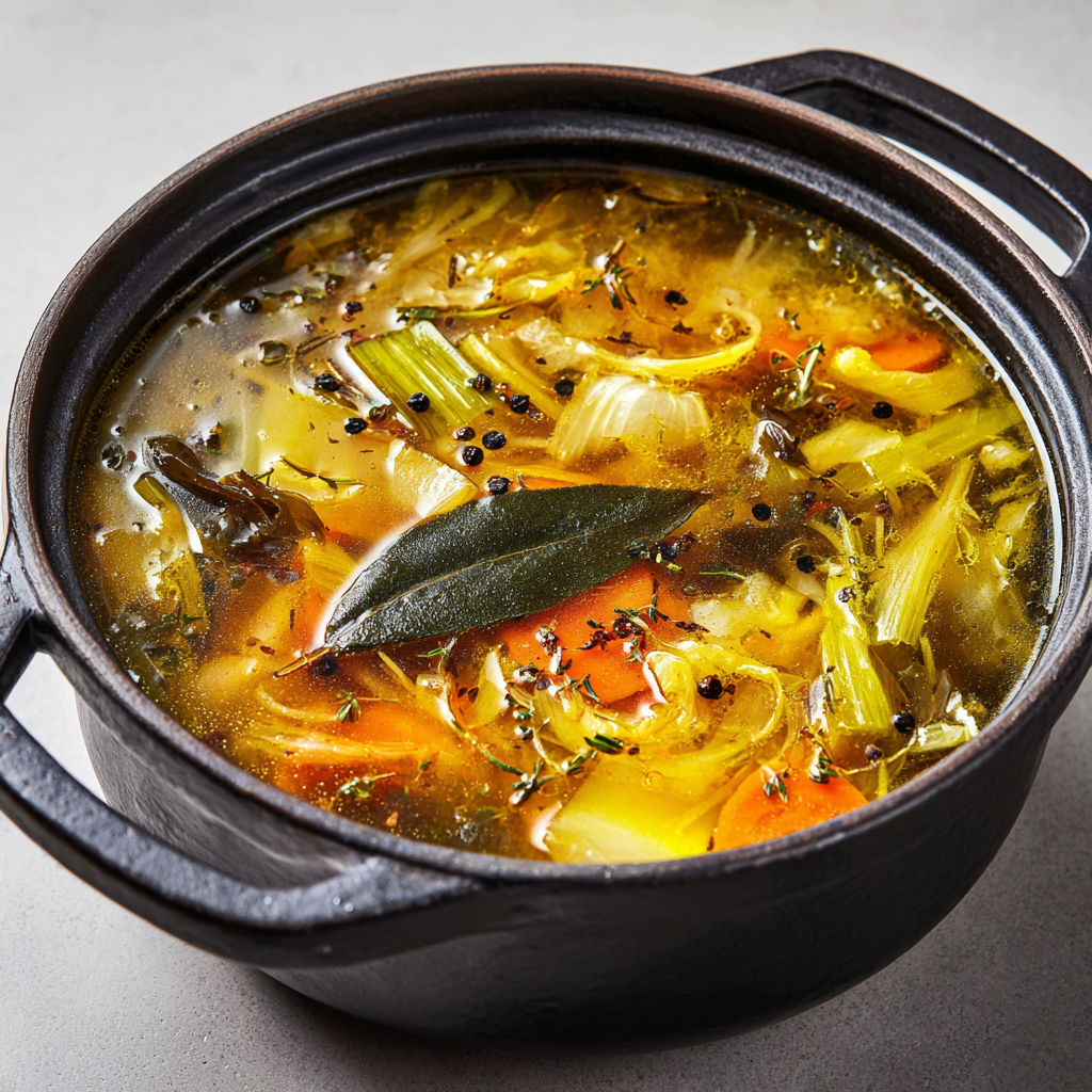 Bouillon maison zéro déchet aux épluchures et verts de poireaux.