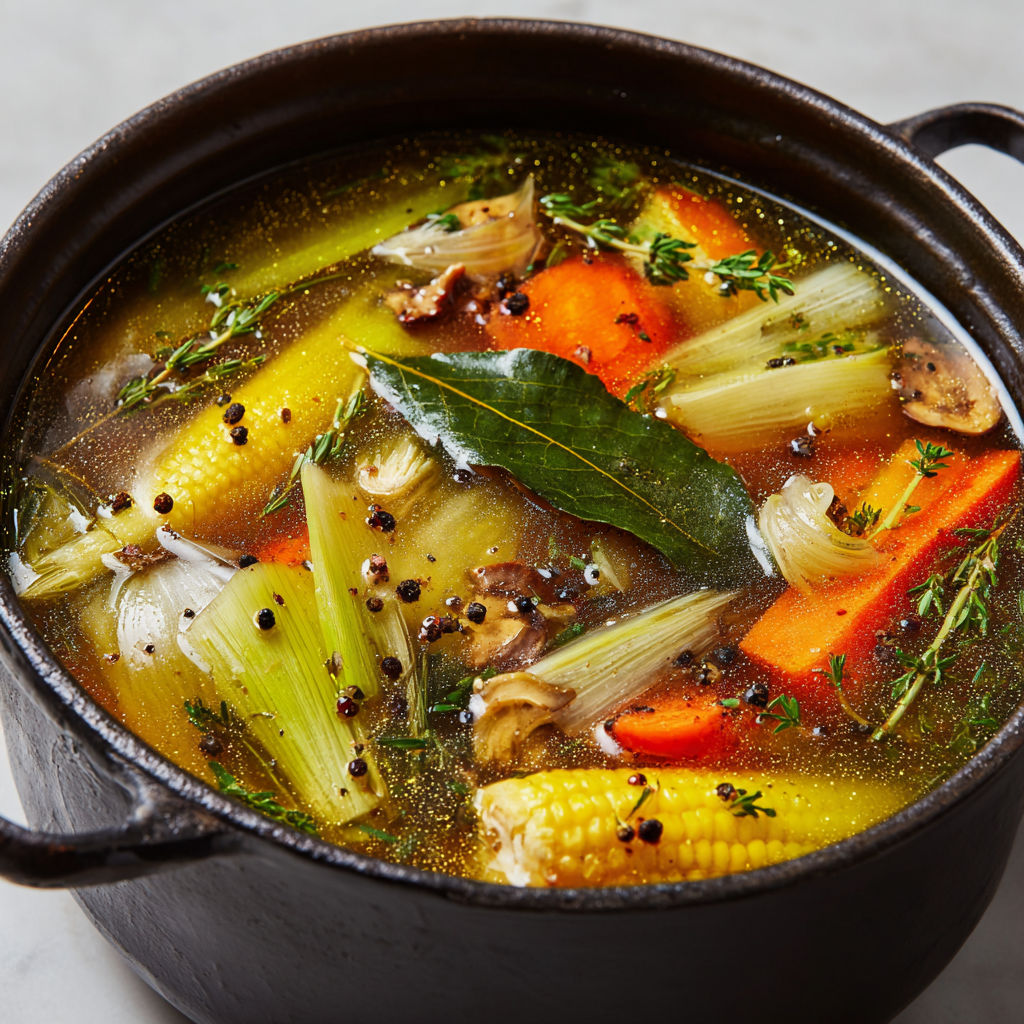 Bouillon zéro déchet parfumé aux épluchures et fines herbes.