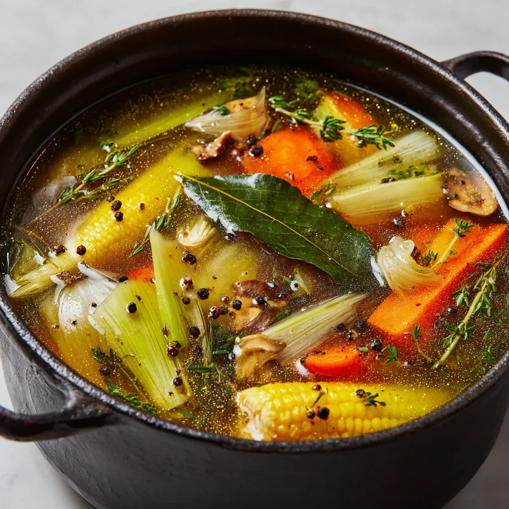 Bouillon zéro déchet parfumé aux épluchures et fines herbes.