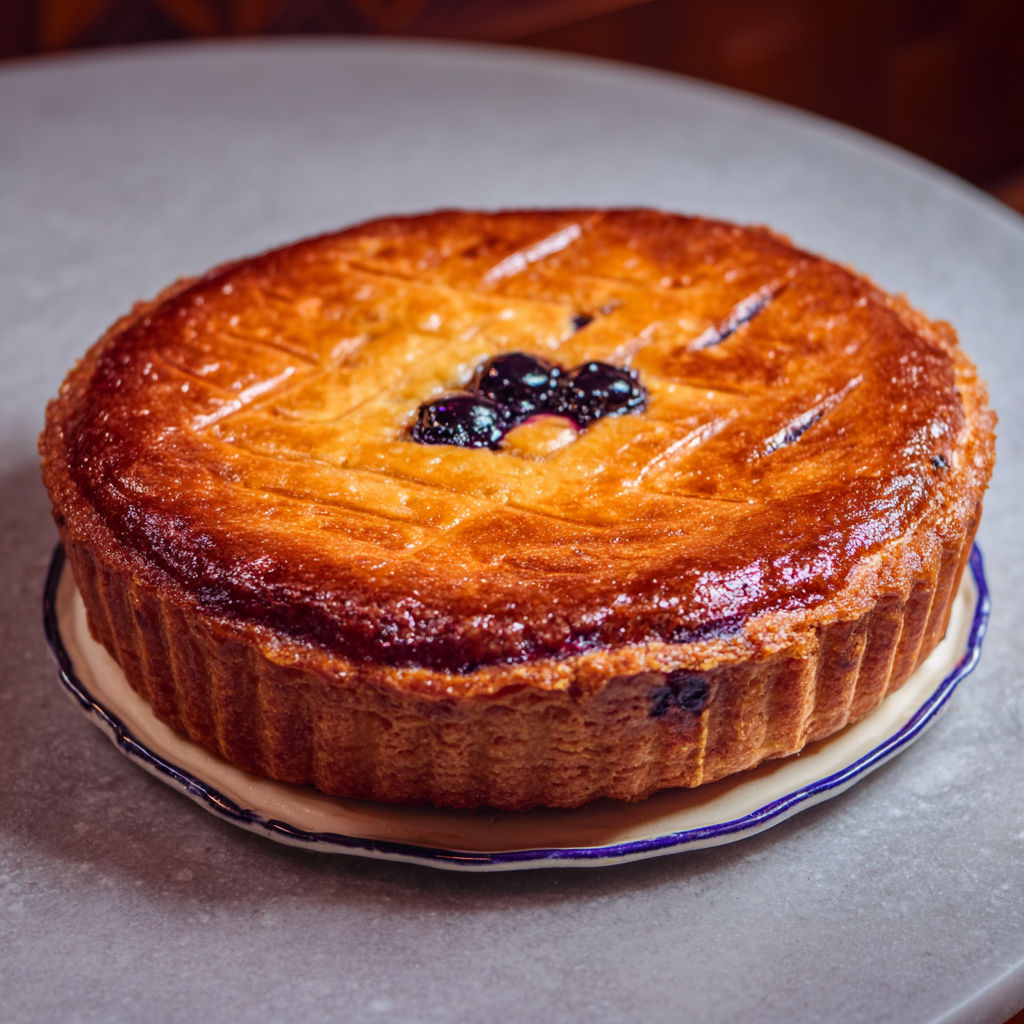 Gâteau basque aux myrtilles joliment présenté.
