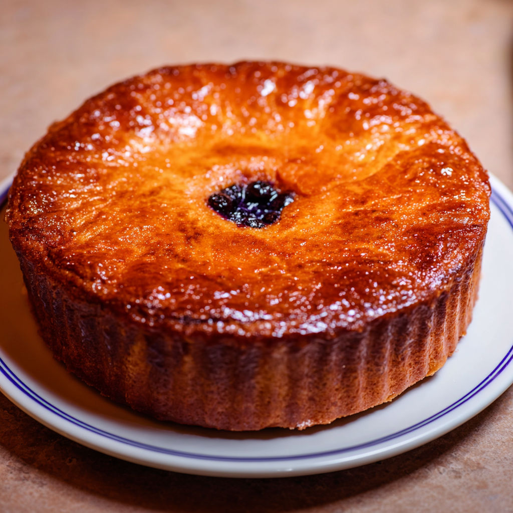 Un gâteau basque aux myrtilles posé sur un plateau.