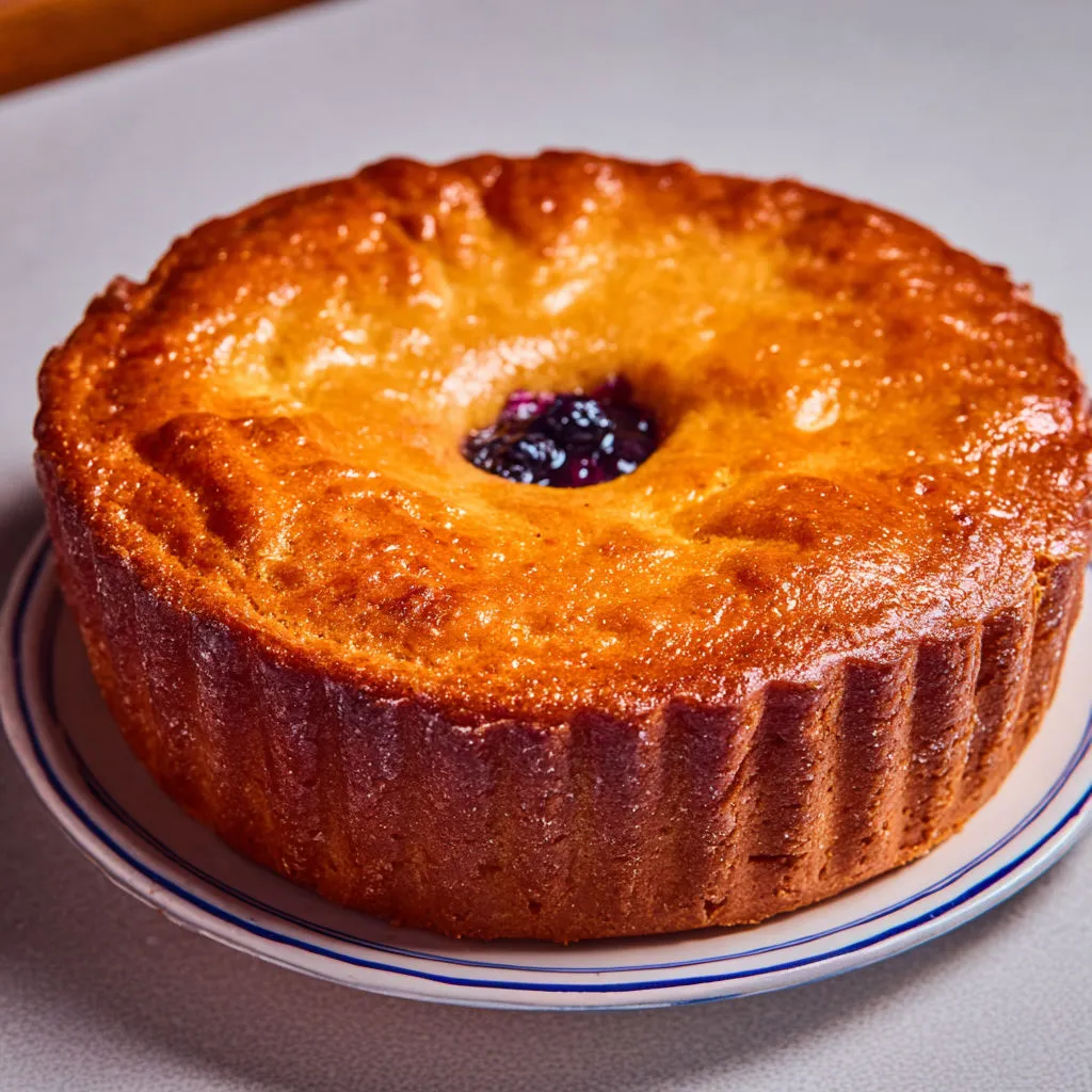 Un gâteau basque aux myrtilles présenté sur un plateau.