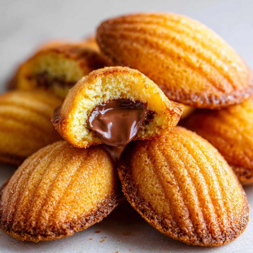 Délicieuses madeleines dorées avec un cœur Nutella fondant, prêtes à être savourées.