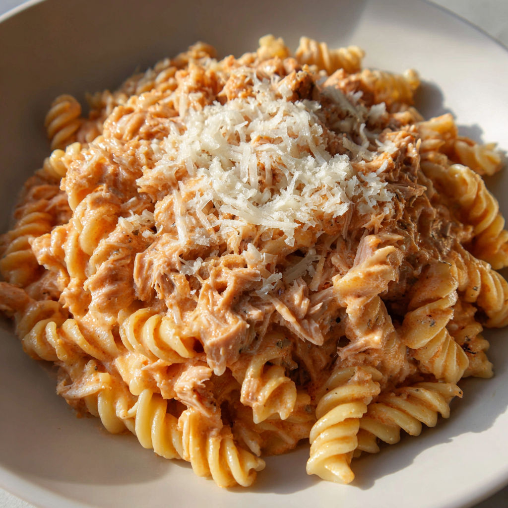 Un plat de pâtes crémeuses au thon avec des morceaux de tomate, servi chaud.