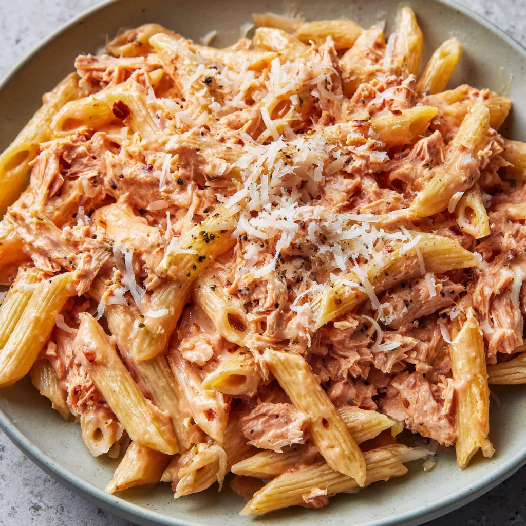 Pâtes au Thon crémeuses avec Emmental et Tomates.