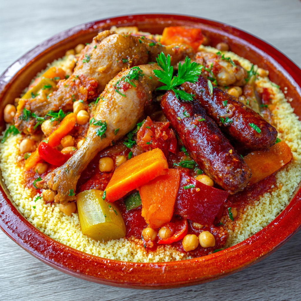 Un plat coloré avec poulet, merguez et légumes, parfaitement équilibré.