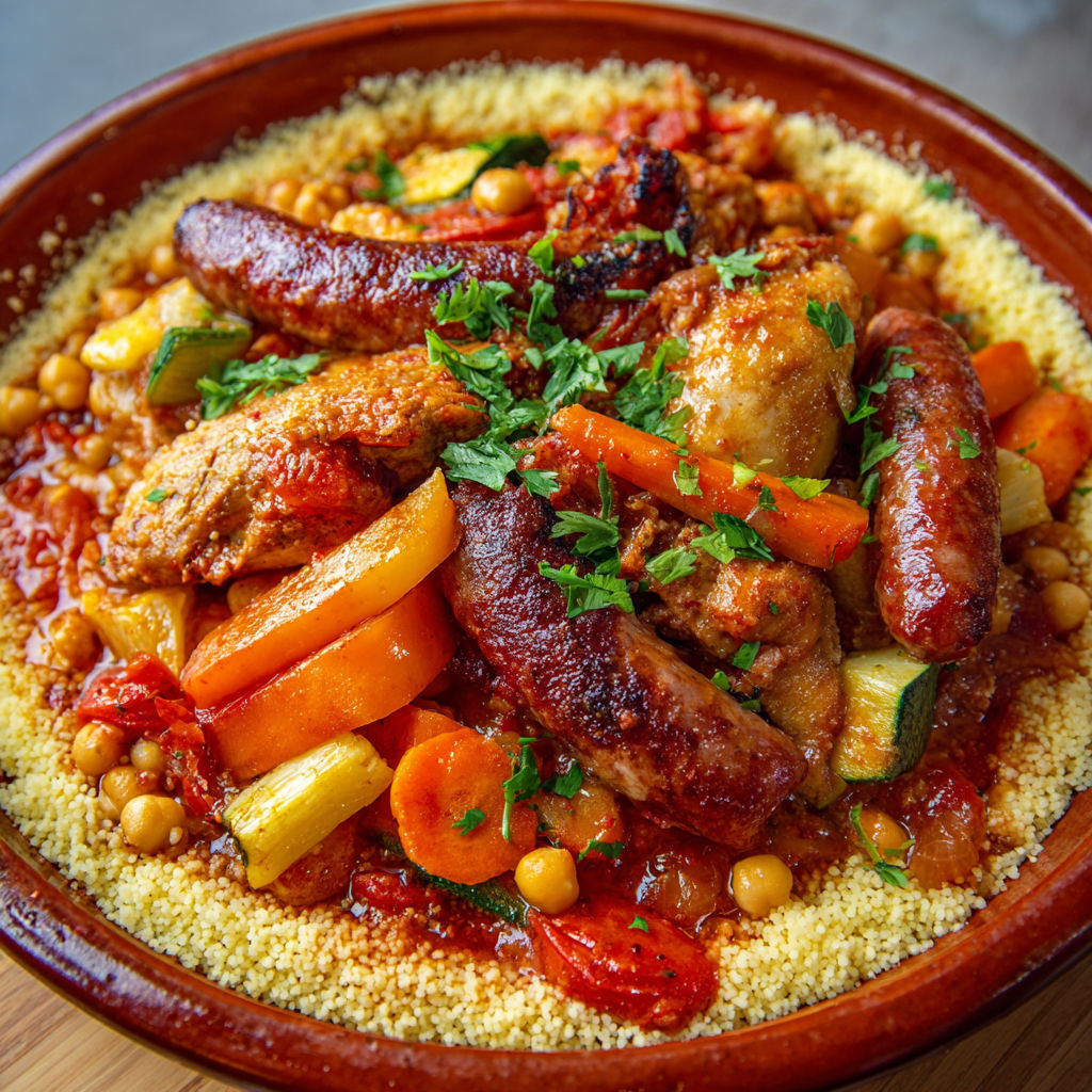Un plat de couscous au poulet et merguez très simple, garni de légumes fondants et de viandes grillées, servi dans un grand bol décoré.