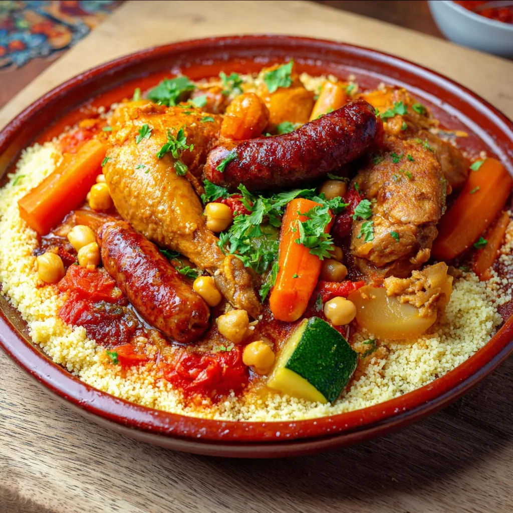 Une grosse marmite de poulet et merguez hyper simple, pleine de légumes colorés, servie dans un joli plat traditionnel.