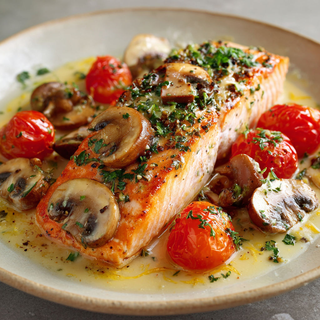 Saumon tendre et juteux en papillote, citron et champignons.