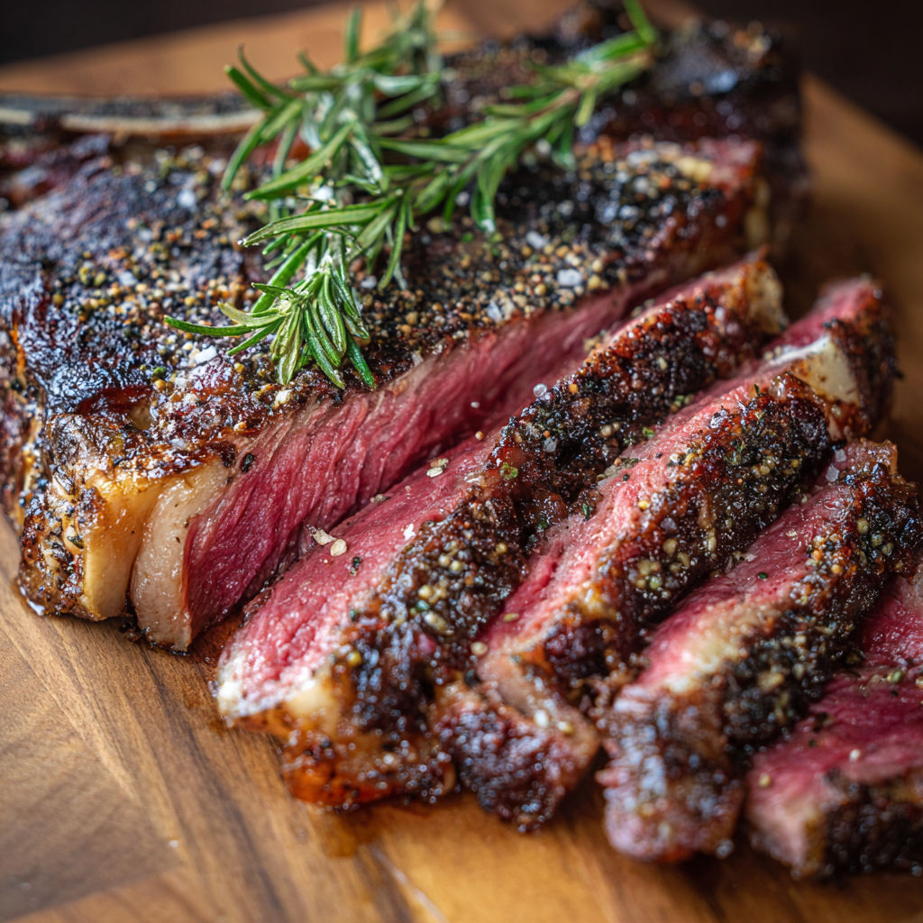 Un morceau de bœuf grillé avec sel et herbes fraîches.