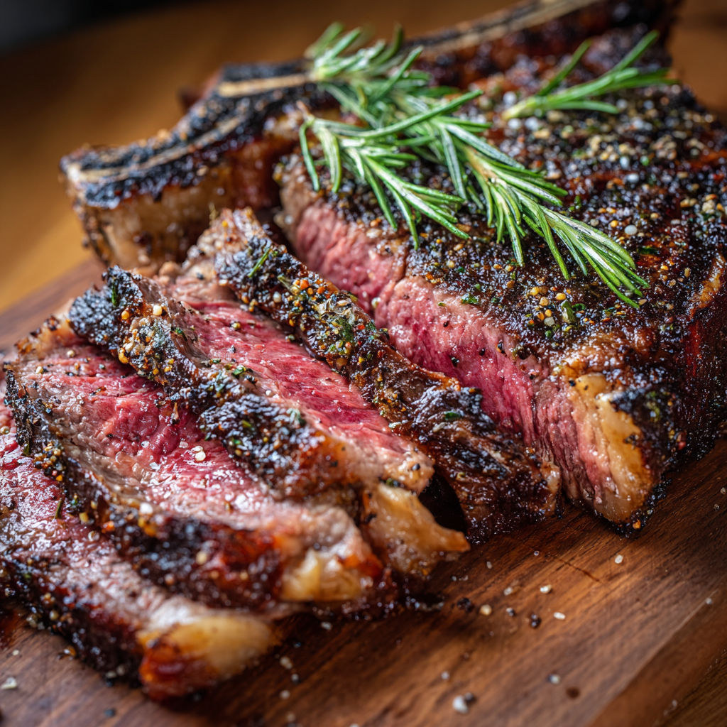 Belle côte de bœuf grillée au BBQ, au gros sel et herbes.