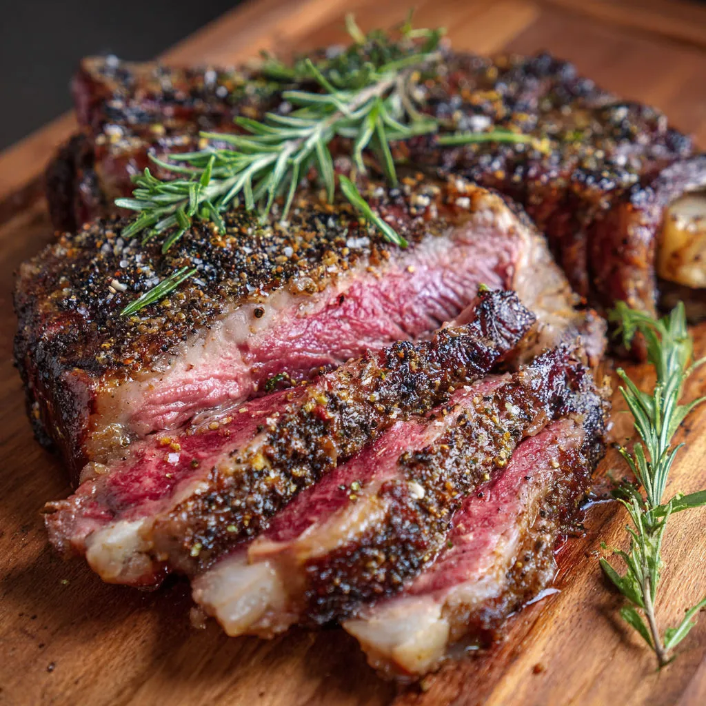 Côte de bœuf bien grillée, juste sel et herbes.
