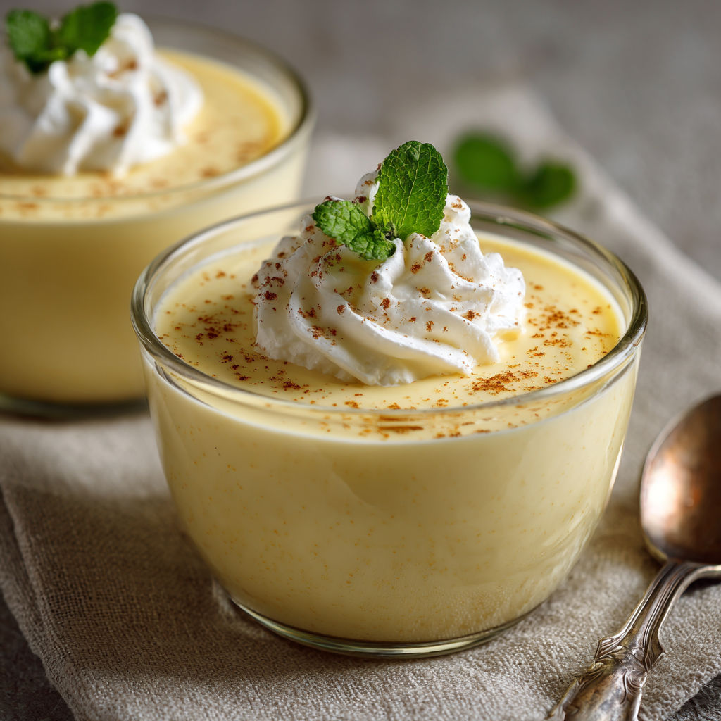 Portions de crème vanille douce posées sur une nappe.