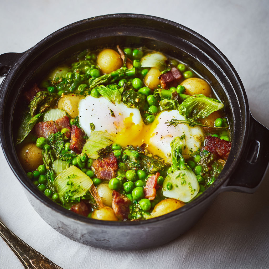 Plat maison de légumes frais et œufs fondants, inspiré de la cuisine Hélène Darroze.