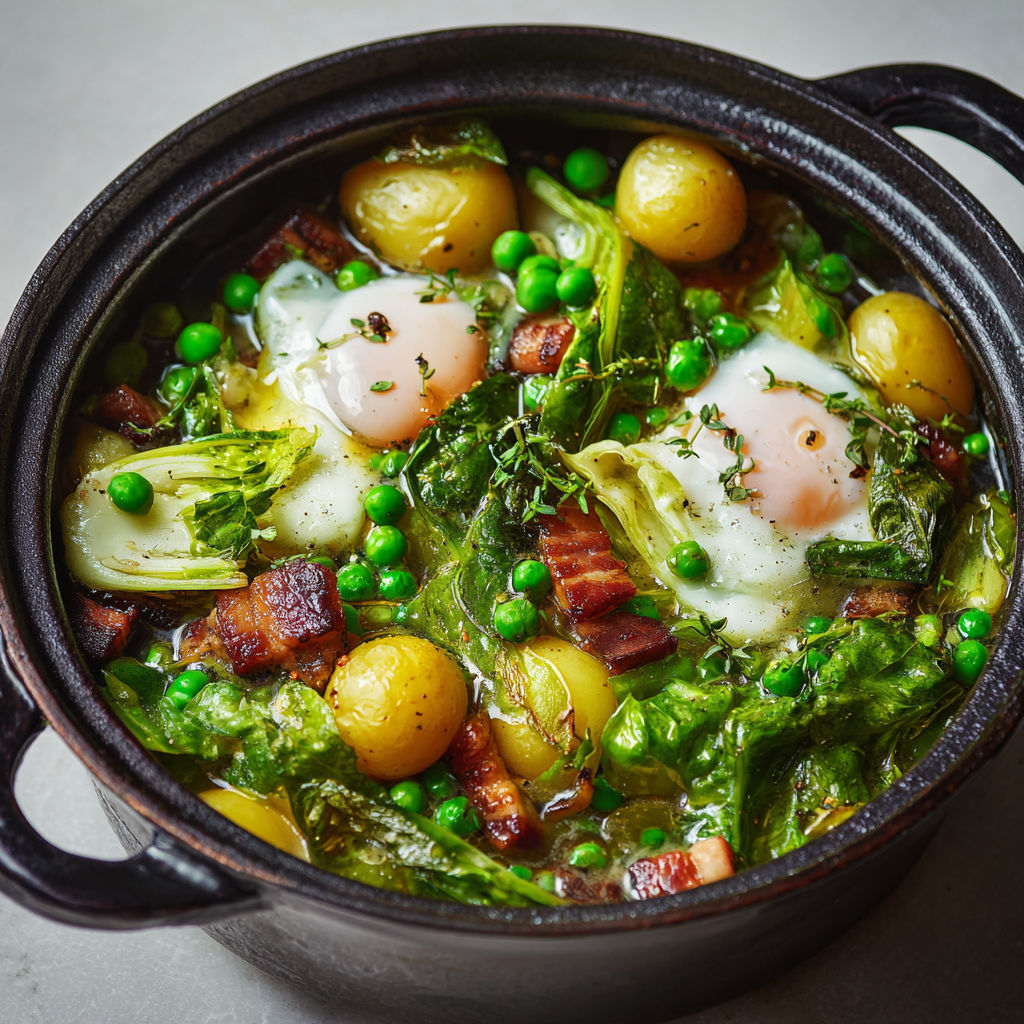 Cocotte printanière gourmande aux œufs pochés et petits pois.