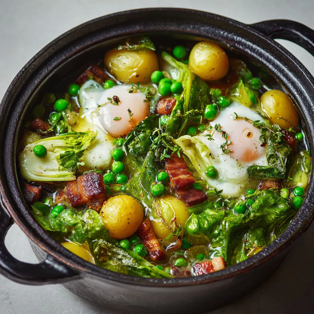 Cocotte printanière gourmande aux œufs pochés et petits pois.