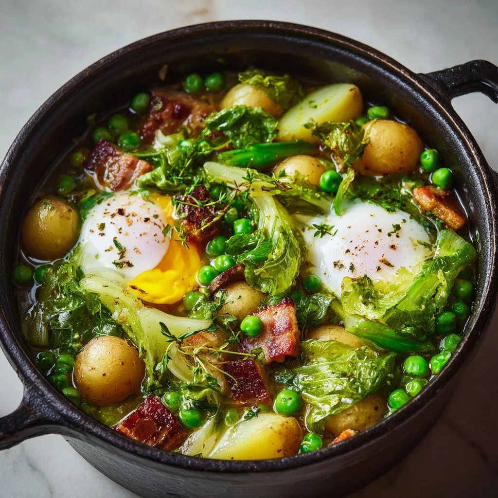 Cocotte pleine de fraîcheur aux œufs pochés et légumes verts.