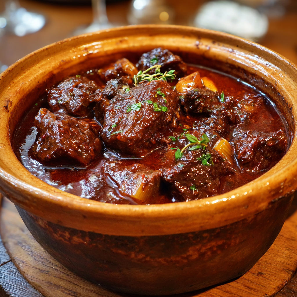 Une cocotte remplie de bourguignon mijoté avec une viande fondante, servie sur une table.