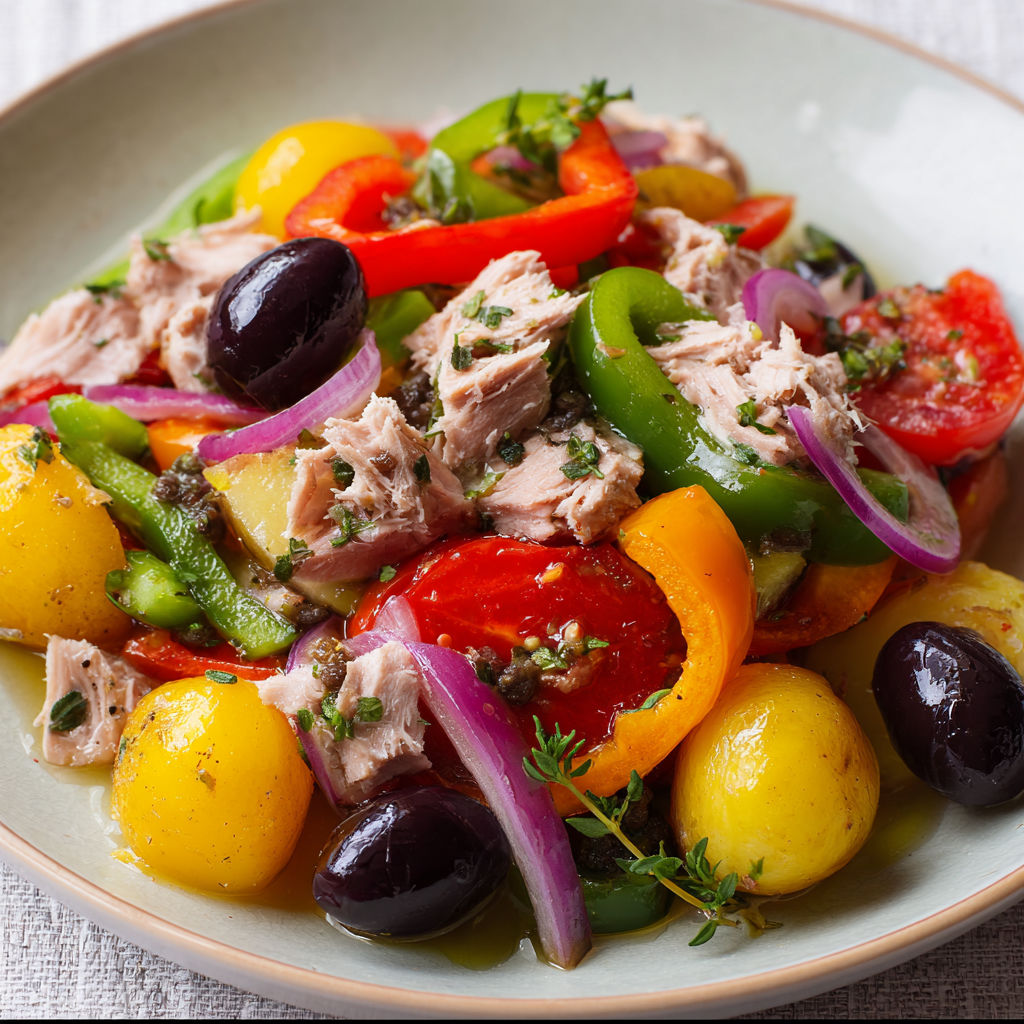 Une délicieuse salade niçoise pleine de couleurs, avec thon, tomates, olives et légumes variés.