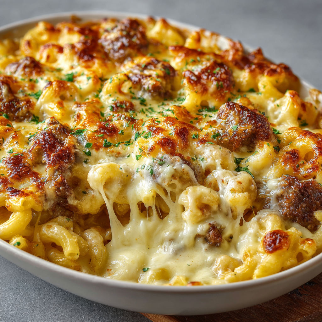 Un gratin de coquillettes avec fromage à raclette et bœuf sur une table.