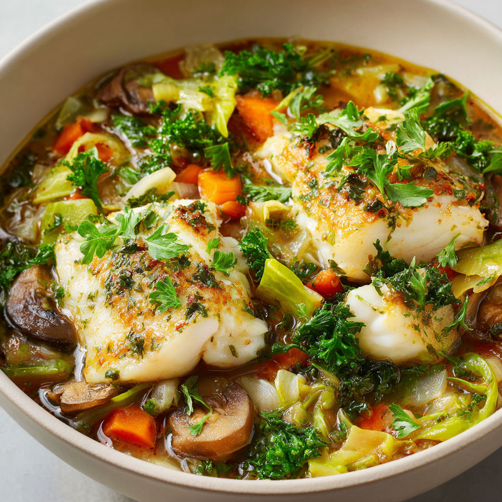 Bol de merlan dans un bouillon avec légumes.