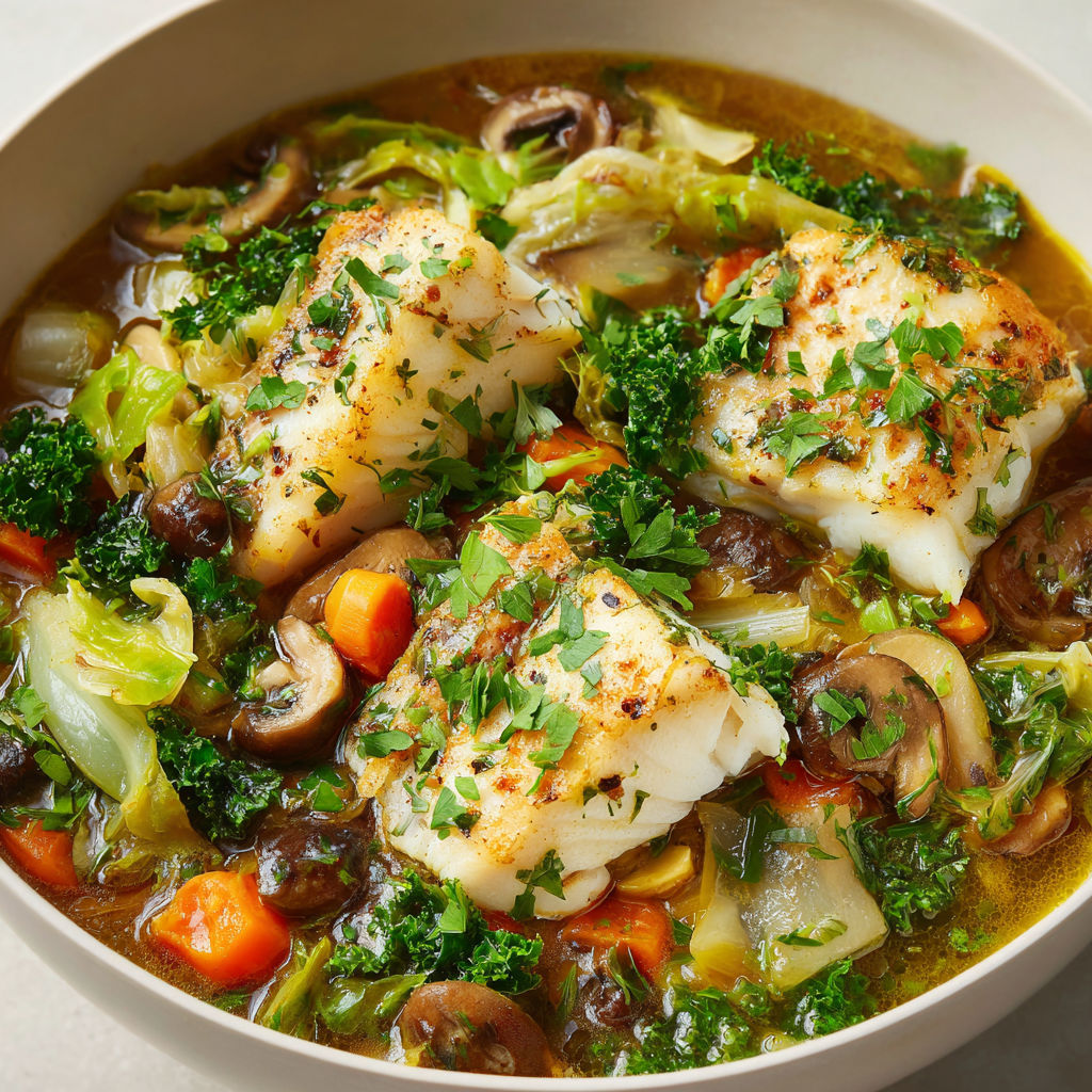 Merlan poêlé dans bouillon de légumes.