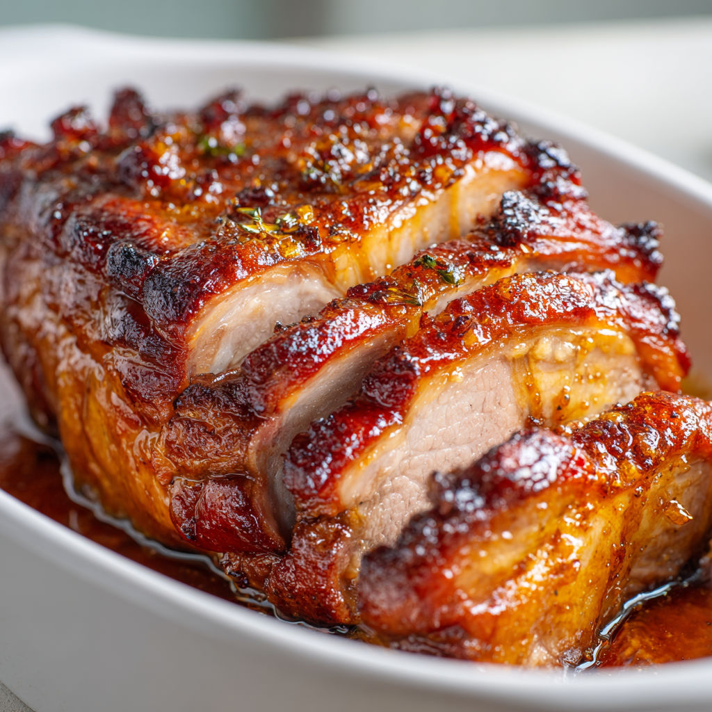 Un porcelet rôti nappé de miel et d’épices servi dans un plat.