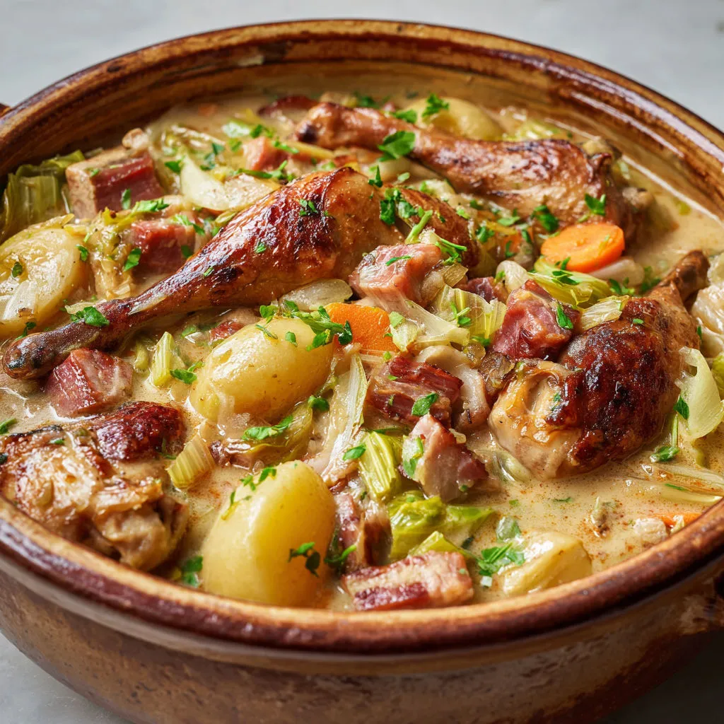 Grande cocotte pleine de haricots, chou, viandes du Sud-Ouest.