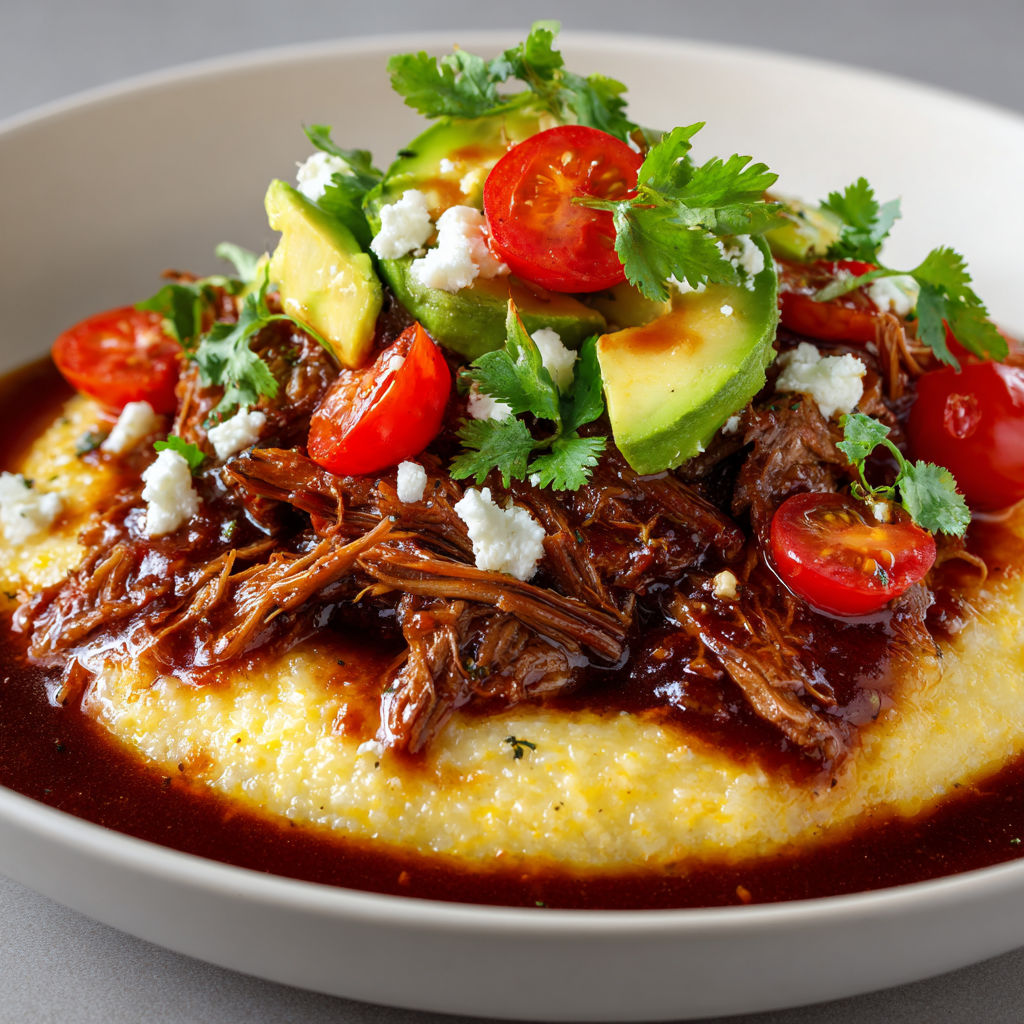 Plat chaleureux de polenta moelleuse et bœuf tendre effiloché, agrémenté d'accompagnements frais.