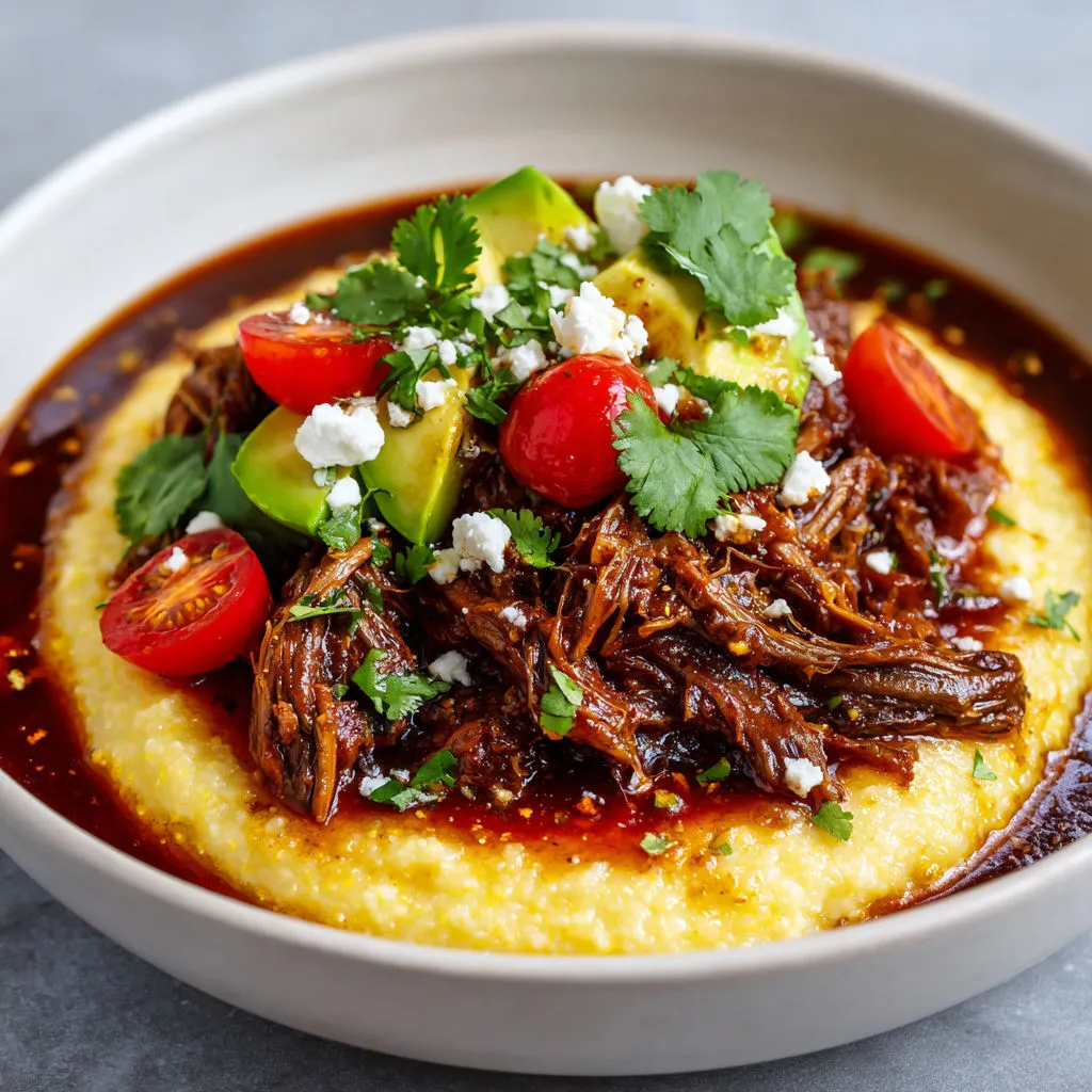 Bœuf effiloché épicé, polenta fondante et topping frais, un grand classique convivial et coloré.
