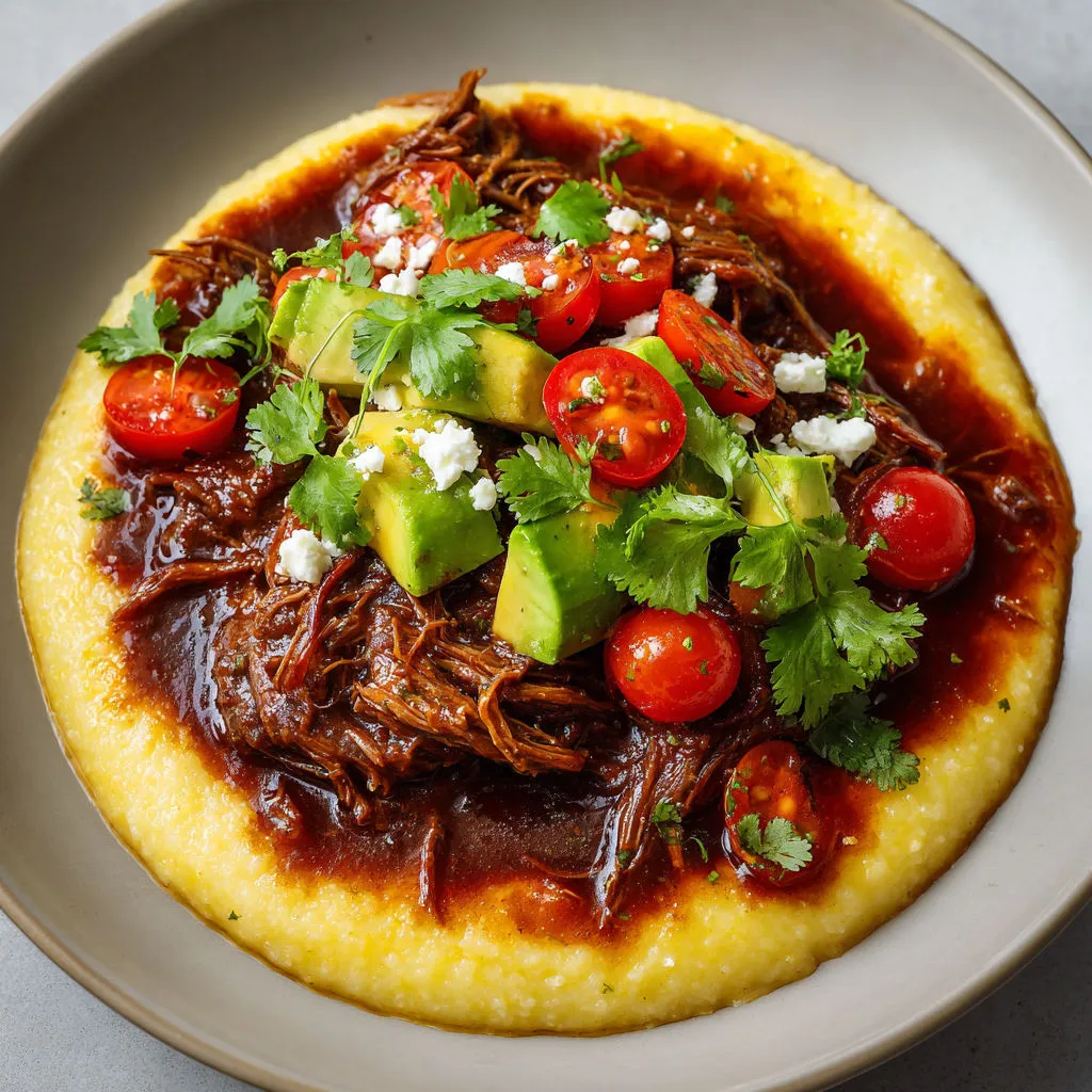 Effiloché de bœuf tendre et polenta crémeuse, une assiette pleine de saveurs et de couleurs d’été.