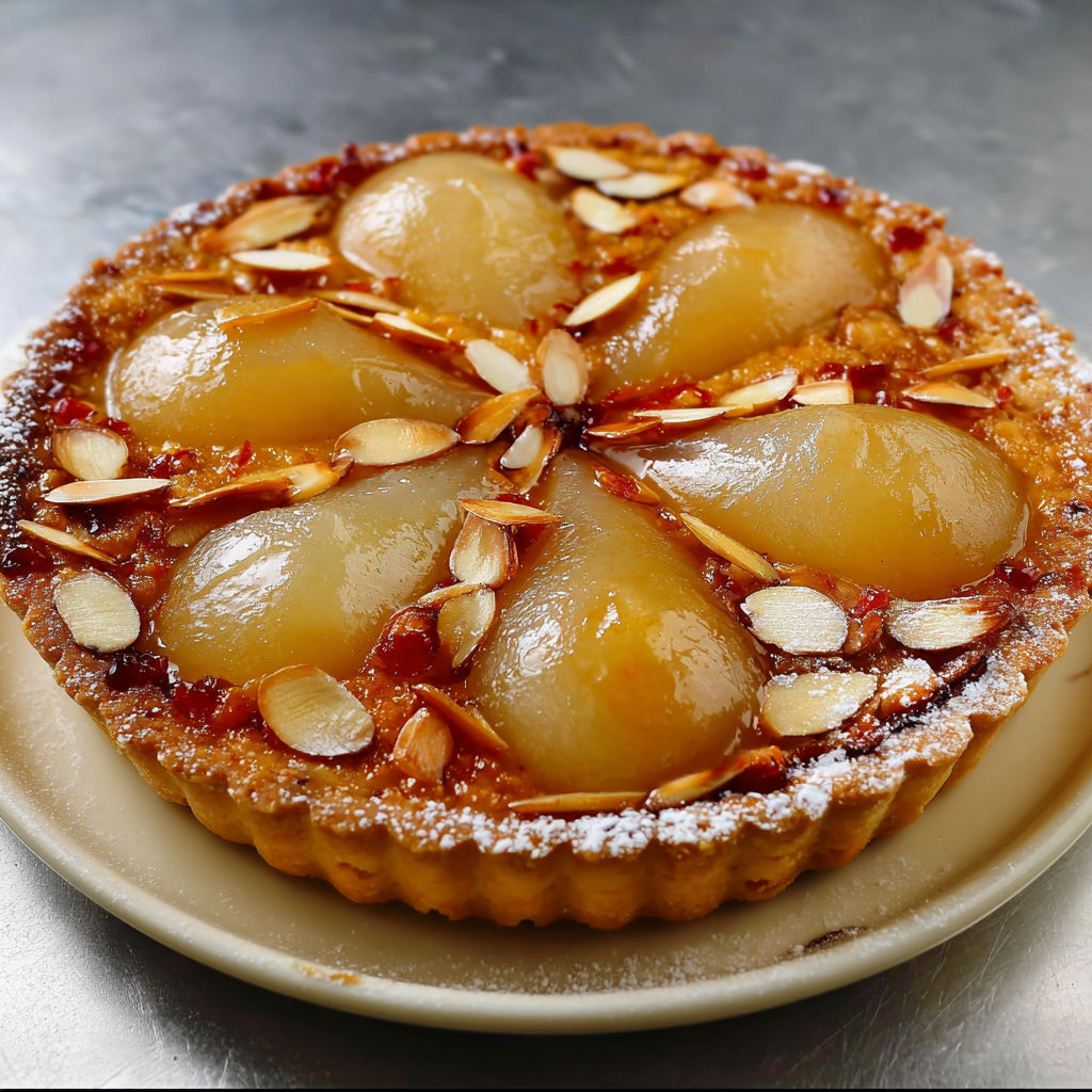 Tarte Bourdaloue gourmande avec poires moelleuses et finition croquante au sucre glace