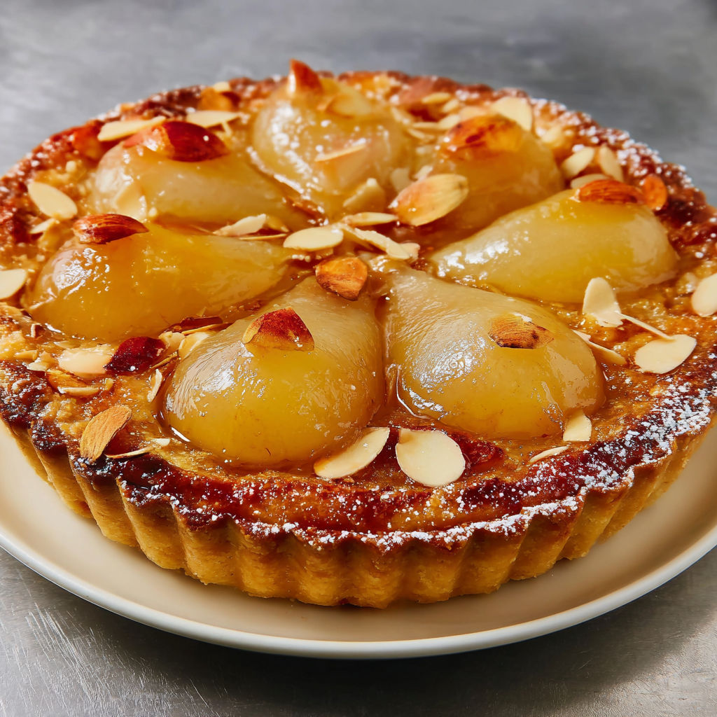 Tarte Bourdaloue bien garnie avec des poires fondantes et un dessus croquant d’amandes.