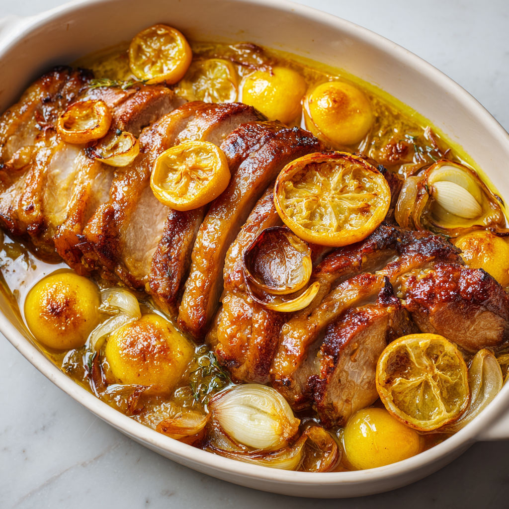 Un plat de rouelle de porc au citron confit présenté dans un bol sur une table.
