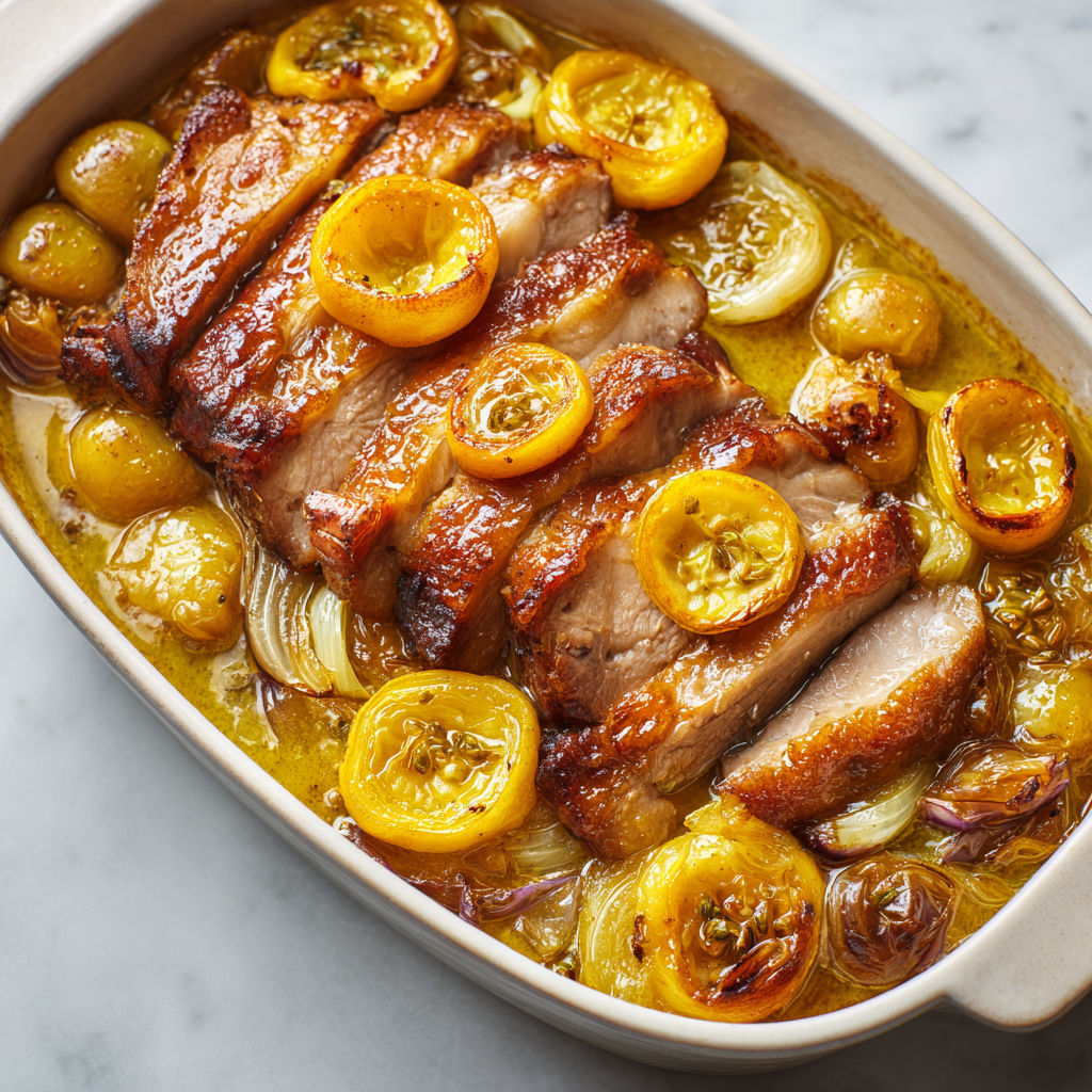 Rouelle de porc ultra tendre aux citrons confits et échalotes fondantes