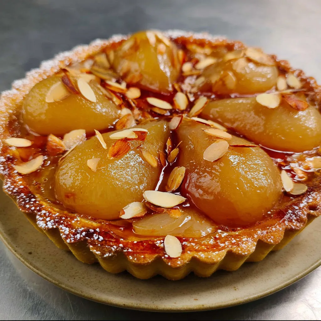 Grande tarte aux poires pochées, crème d’amandes et crumble, dans l’esprit d’un dessert français intemporel.