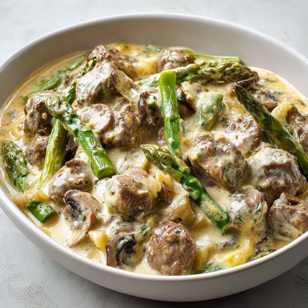 Un bol avec du veau tendre mijoté accompagné d’asperges vertes.