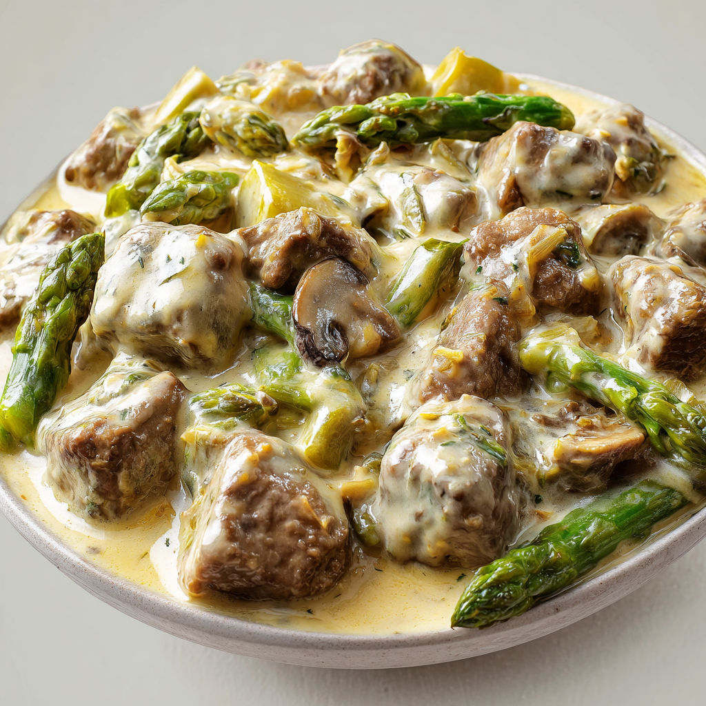 Mijoté de veau tendre avec asperges vertes, champignons frais, crème et une pointe de moutarde à l’ancienne, le tout parfumé à l’anis vert.