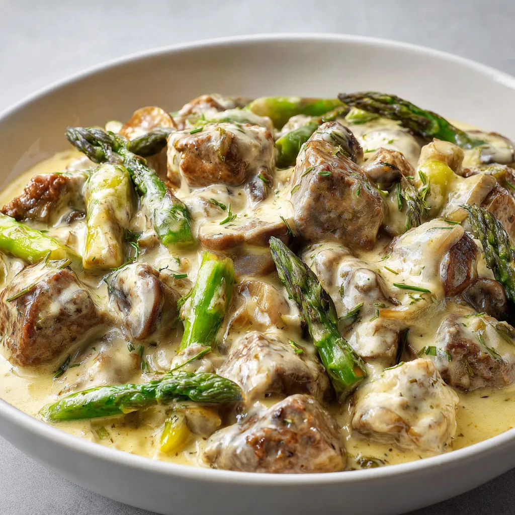 Mijoté de veau tendre, asperges fermes, champignons savoureux, crème douce, le tout délicatement relevé de fenouil sauvage.