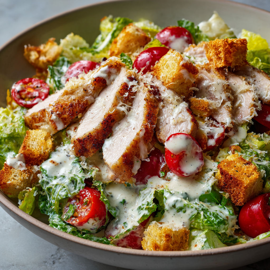 Un plat de salade César avec morceaux de noix de veau, légumes frais et croûtons dorés, servi dans une assiette.