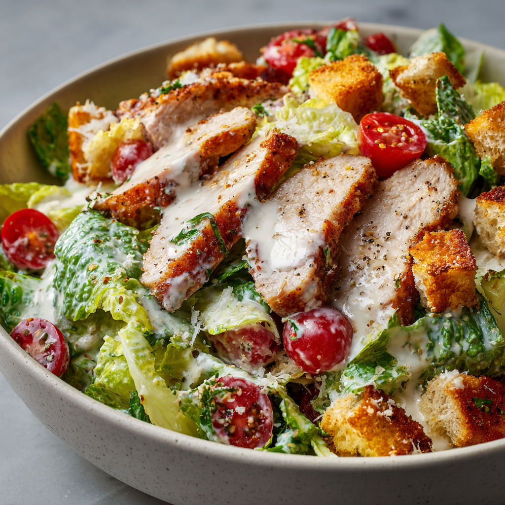 Salade gourmande avec veau tendre, croûtons dorés, sauce crémeuse au parmesan et anchois