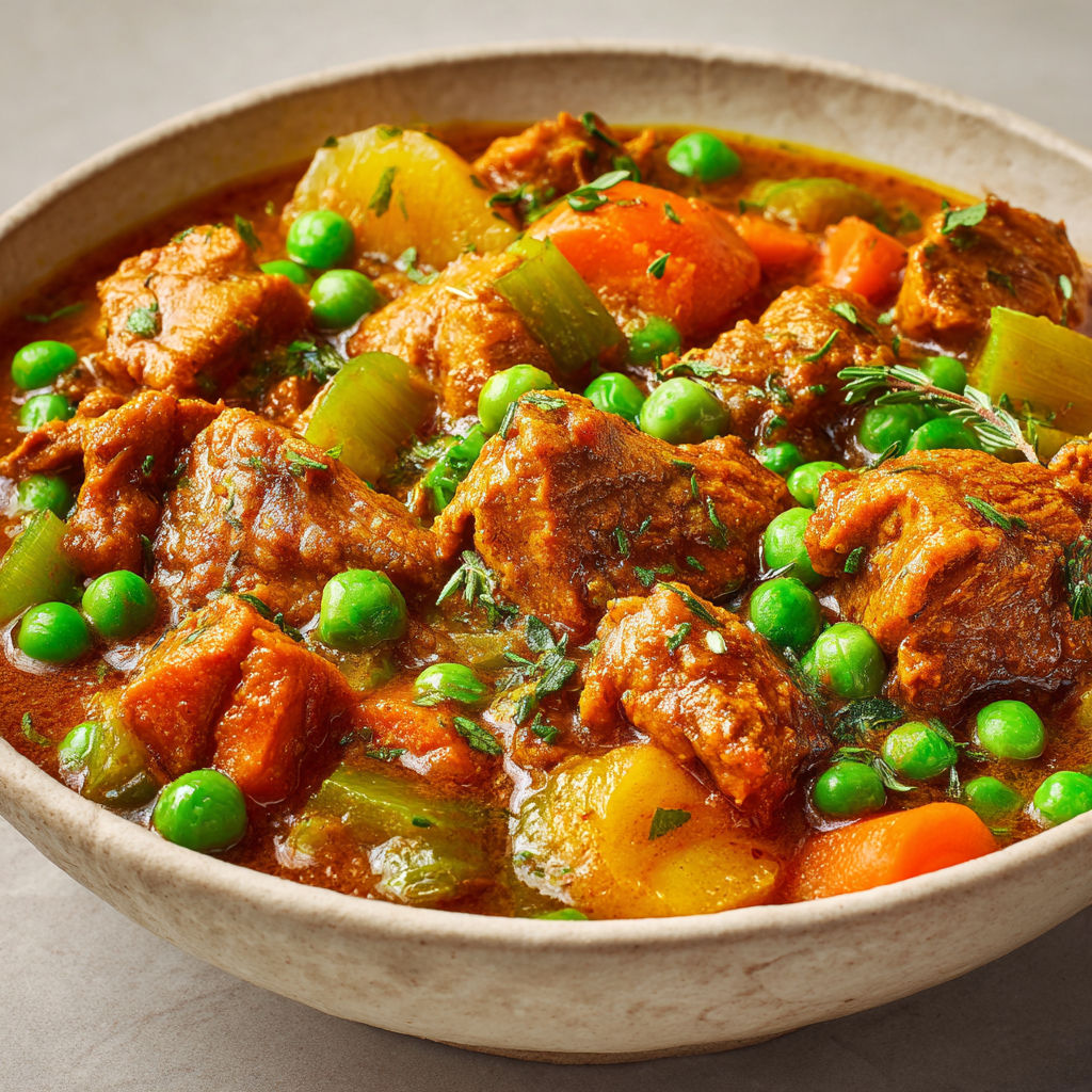 Un bol rempli de Veau tandoori mijoté aux légumes épicés, prêt à être dégusté.